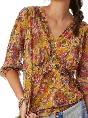 Anthropologie Gretchen Smocked Floral Tunic Large